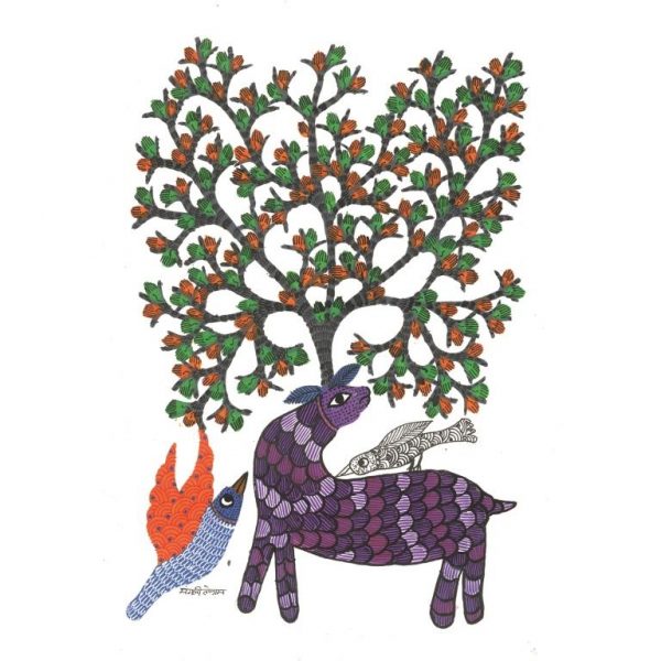 Gond painting-Ready to frame-Madhya Pradesh-a purple deer in the forest-closeup