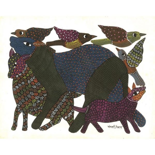 Gond painting-Ready to frame-Madhya Pradesh-quirky forest-closeup