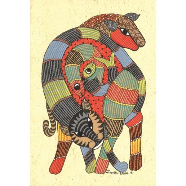 Gond painting-Ready to frame-Madhya Pradesh-tigers and fishes-closeup