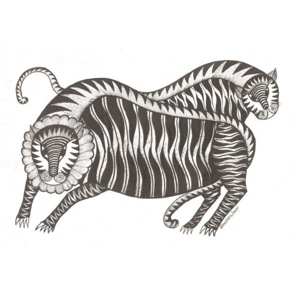 Gond painting-Ready to frame-Madhya Pradesh-tigers in black and white-closeup
