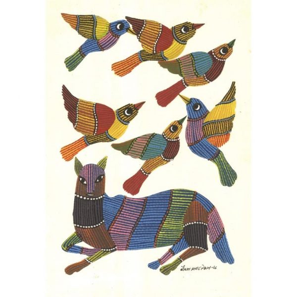 Gond painting-Ready to frame-Madhya Pradesh-a fox and the birds-closeup